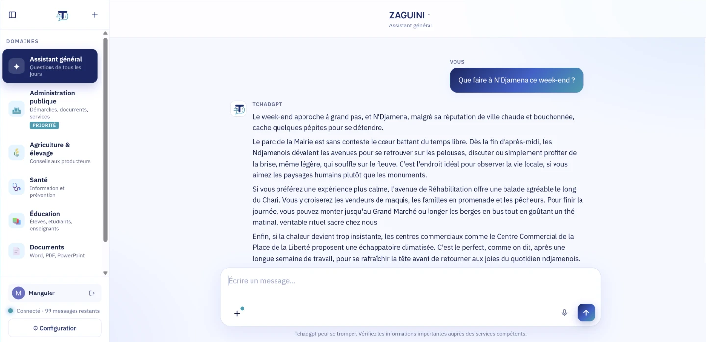 Capture de l'interface de conversation de Tchadgpt, l'assistant édité par Chadlake Technologies, en production sur tchadgpt.com